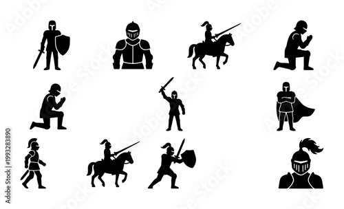 Medieval knight silhouette icons, 11 warrior vector elements in black, armored soldier figures with swords and shields, historical combat character set