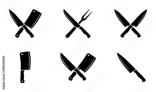 Foto Butcher knife and meat cleaver icons set, crossed chef knives and carving fork s
