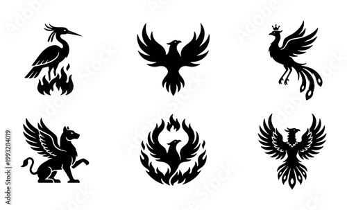 Mythical phoenix and griffin silhouette icons, set of 6 legendary fire bird and creature vectors, black heraldic eagle and peacock symbols