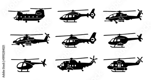 Military and civilian helicopter silhouette set, 9 aircraft vector icons, black chopper symbols for aviation infographics and transport design