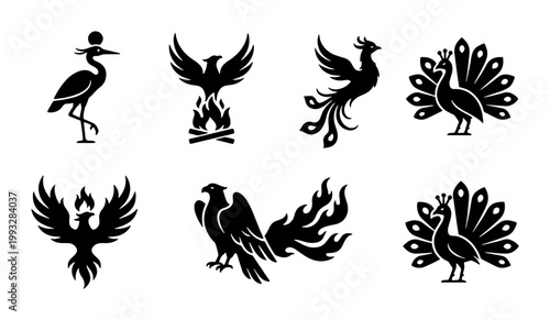 Mythical phoenix and bird silhouettes set, 6 black vector icons, legendary fire bird and peacock symbols for branding and tattoo design