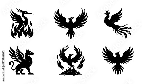 Mythical phoenix bird silhouettes, set of 6 black vector icons, legendary fire bird and griffin creature symbols for heraldry and gaming logos