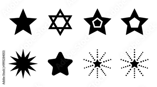 Minimalist black star icon set, collection of 8 geometric star symbols and celestial shapes, flat vector star silhouettes for UI and graphic design