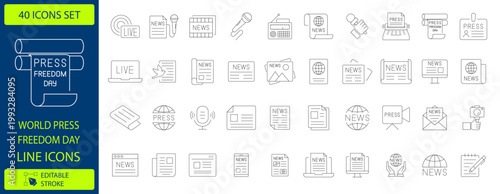 World Press Freedom Day line icons, 40 journalism and news media vector elements, professional broadcasting and mass communication outline symbols