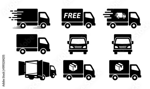 Delivery truck icon set, black shipping van vector collection, fast transport and logistics symbols, 9 commercial freight vehicle silhouettes for e-commerce