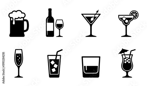 Alcoholic beverage icon set, black cocktail and beer glass silhouettes, 8 drink vector elements for bar menus and restaurant signage