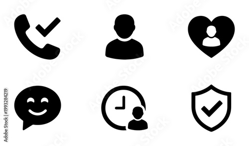 Minimalist customer service icon set, black solid glyph symbols for business support, 6 vector elements for user interface and communication