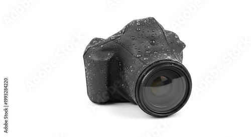 Professional digital camera covered in black weather-resistant rain protection sleeve with water droplets