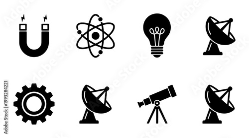 Science and technology icon set, 8 black solid vector symbols, physics and astronomy research elements, laboratory and engineering equipment icons