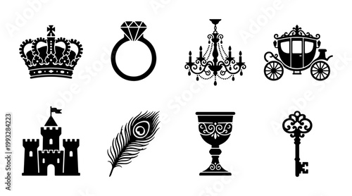 Royal luxury icons set with crown and castle, vintage fairytale symbols collection, black silhouette 8 vector elements for wedding and heraldry
