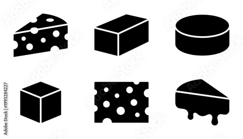 Minimalist cheese icon set, black solid dairy product symbols, 6 vector elements of swiss cheese wedges and blocks for food menu design