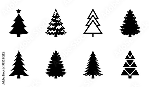 Minimalist Christmas tree icons set, black pine tree silhouettes, collection of 8 geometric evergreen fir tree vector illustrations for winter holiday design