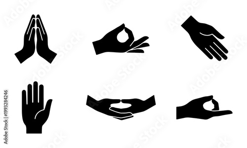 Yoga mudra hand icons set, meditation gesture silhouettes for wellness and spirituality, black vector hand signs for zen and mindfulness branding