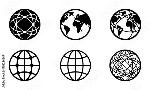 Global network icon set, black world globe vector silhouettes, 6 earth map and communication grid symbols for business and technology web design