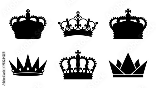 Royal crown silhouettes set, 6 black imperial tiara vector icons, vintage heraldic king and queen headwear, elegant monarch coronet symbols