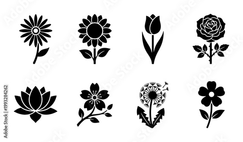 Minimalist black flower icon set, 8 floral vector silhouettes including rose and lotus, botanical garden symbols for logo design and web interface