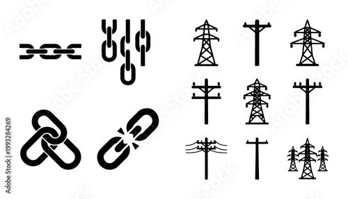 Industrial power line and metal chain icons, black vector silhouettes of electric utility poles and high voltage towers, heavy duty steel link set