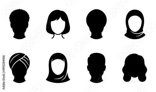 Diverse avatar silhouette icons set, 8 multicultural human head profile vectors, inclusive user profile symbols for web and app interface design