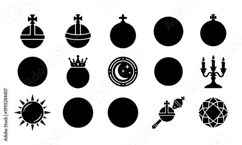 фотографія Royal regalia silhouette icons, set of 15 monarch symbols including globus cruci