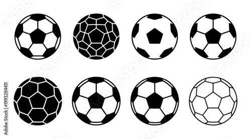 Soccer ball icon set, 8 black and white football vector elements, minimalist athletic equipment symbols for sports branding and tournament design
