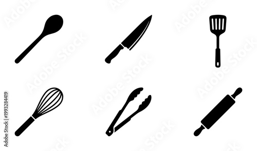 Minimalist kitchen utensils icon set, black silhouette cooking tools collection, 6 professional chef equipment vector elements for restaurant menu