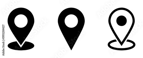 Minimalist map pin icons set, black location pointer symbols for navigation, 3 vector gps marker elements for web and mobile interface design