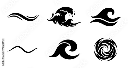 Foto Ocean wave icons set, black sea water splashes and swirl symbols, minimalist nau