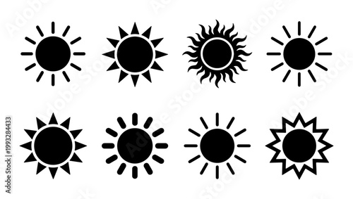 Minimalist sun icon set with 8 black vector silhouettes, geometric solar symbols for weather forecasting, simple sunshine graphic elements for web design