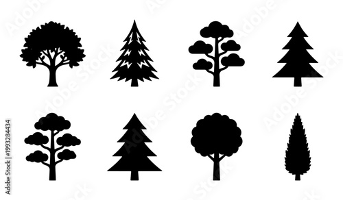 Black tree silhouettes collection, set of 8 forest plant icons, minimalist pine and deciduous tree vector shapes for landscape design and mapping