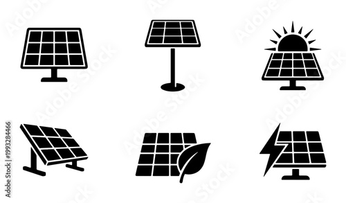 Solar panel icon set, renewable energy vector symbols, sustainable power collection with sun and leaf elements, black silhouette eco icons
