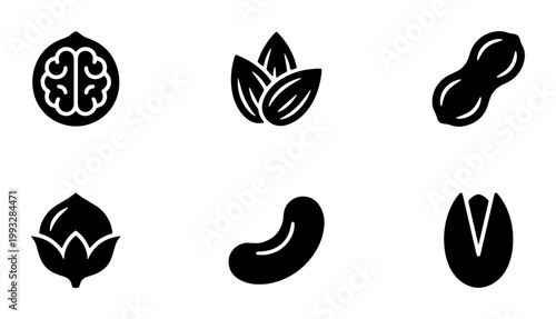 Minimalist nut icon set, 6 black solid vector symbols of walnut, almond, peanut, hazelnut, cashew and pistachio, organic food graphic elements