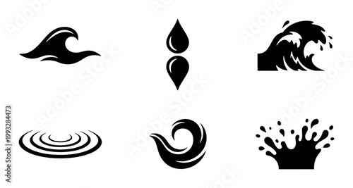 Minimalist water wave icons set, black liquid splash and ripple vector elements, 6 ocean surf and droplet symbols for logo design