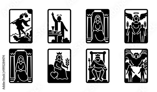 Tarot card icon set with mystical major arcana symbols, black and white occult vector illustrations, 8 spiritual divination card elements for esoteric design