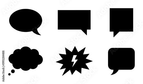 Minimalist black speech bubble icons, set of 6 comic book chat clouds and thought balloons, flat vector communication symbols for web design