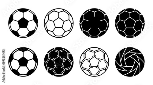 Soccer ball icon set, collection of 8 black and white football vector symbols, minimalist athletic equipment graphics for sports branding and web design