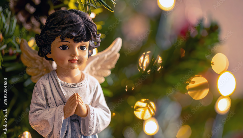 Fototapeta premium Angel figurine praying on christmas tree with warm lights