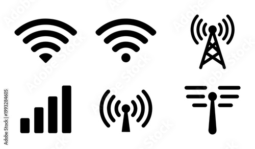 Wireless wifi signal icons set, black minimalist internet connection symbols, 6 vector radio wave and cellular network antenna signs for web interface