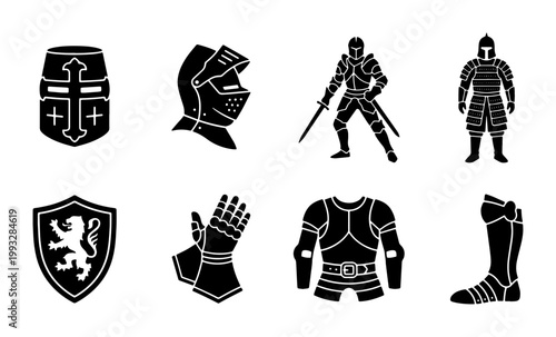 Canvas Print Medieval knight armor icons set, black silhouette warrior equipment vectors, 8 a