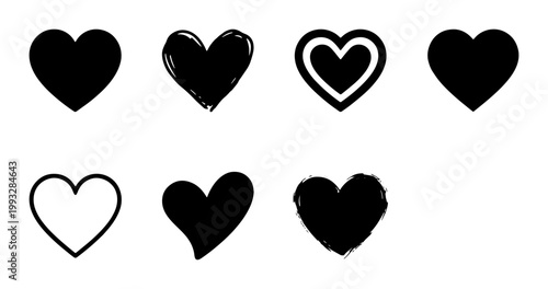 Hand drawn heart icons set, black ink sketch heart shapes, 7 vector heart elements for wedding invitations and romantic card design