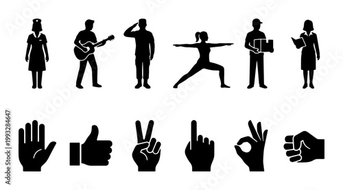 Black silhouette people and hand gestures set, 12 vector icons of diverse professions and manual signs, human figures and communication symbols