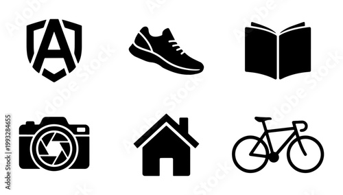 Minimalist black lifestyle icons set, collection of 6 vector symbols including camera, bicycle, and house, modern flat graphic elements for web design