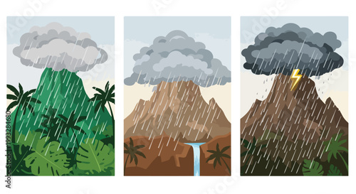 Colorful vector illustration showing three separate mountain scenes featuring rain clouds and stormy weather conditions weather