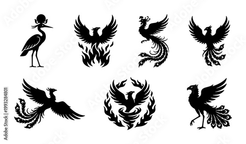 Mythical phoenix bird silhouettes set, black firebird icons and legendary creature vector collection, 7 ancient Egyptian and fantasy bird symbols