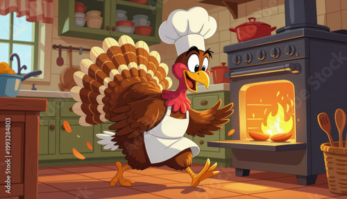 Cartoon turkey chef cooking ironic dish in oven