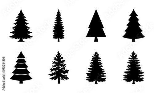 Pine tree silhouette collection, set of 8 evergreen conifer vector icons, black spruce and fir forest elements for winter holiday design
