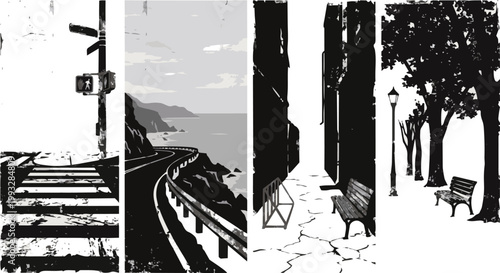 Urban Landscape Silhouette Panels – Grunge City Street Scene Vector Set