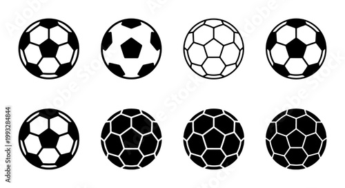 Soccer ball icon set, collection of 8 football vector symbols, black and white athletic equipment graphics for sports branding and competition design