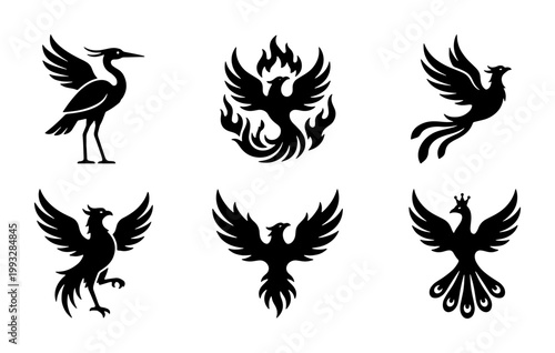 Mythical phoenix bird silhouettes set, black eagle and heron icons, 6 flying bird vector elements for logo design and branding