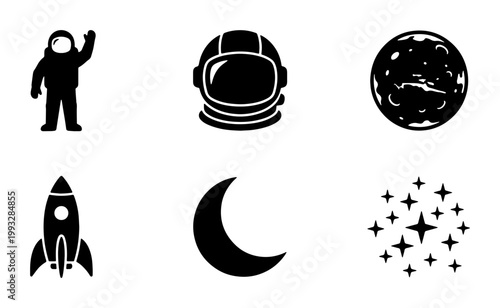 Minimalist space exploration icon set, black solid astronaut and rocket ship symbols, 6 vector elements for astronomy and science apps