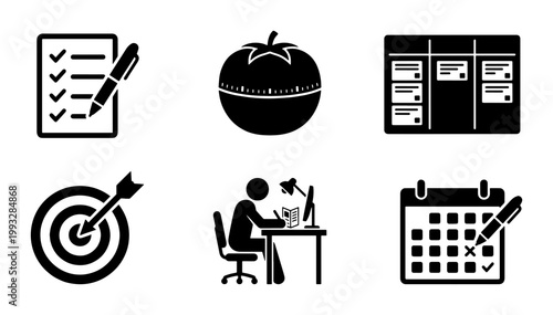 Productivity and time management icon set, pomodoro technique tomato timer and kanban board, task planning checklist and calendar vector icons